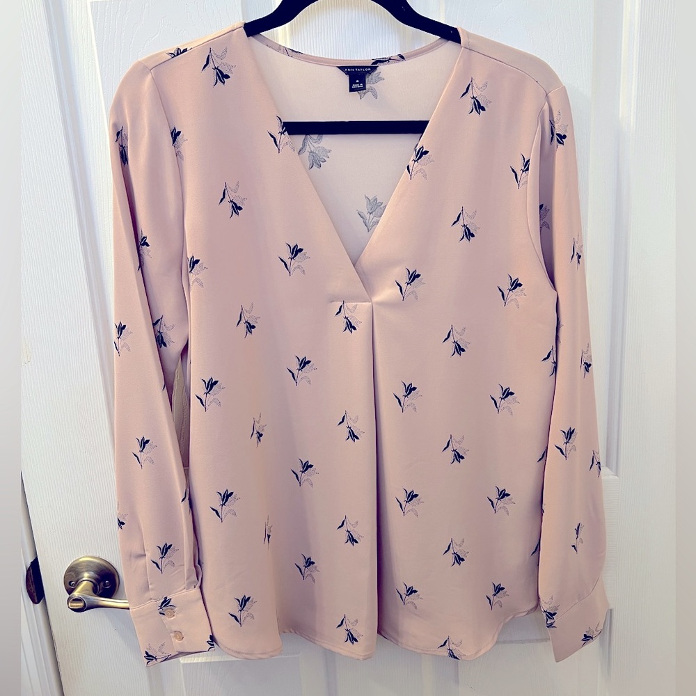 Ann Taylor blush pink with black flower blouse, size medium